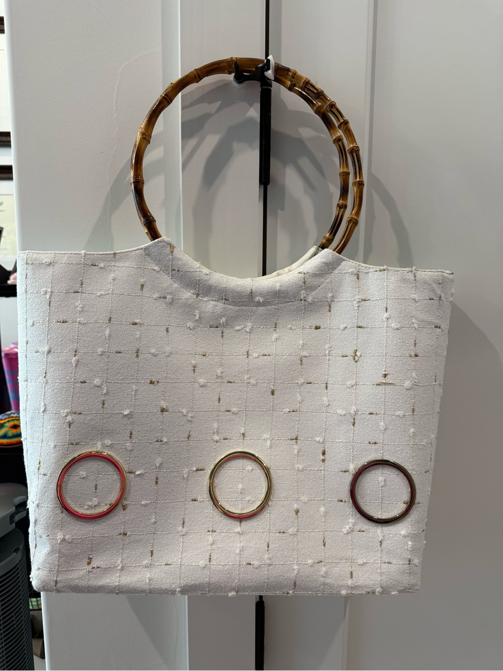 White Tweed Tote Bag with Bamboo Handles
